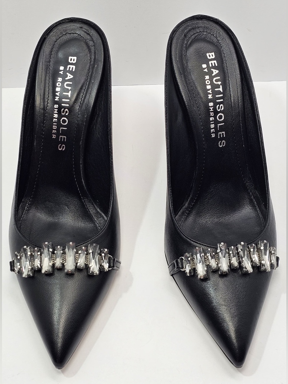 Beautiisoles Crystal Embellished Pointed Toe Mule Heels Black Size 8